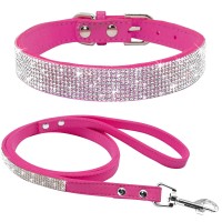 Suede Leather Dog Collar Leash Set Full Rhinestone Crystal Soft Material Adjustable Small Dogs Cat Pets Collars Leads Chihuahua 